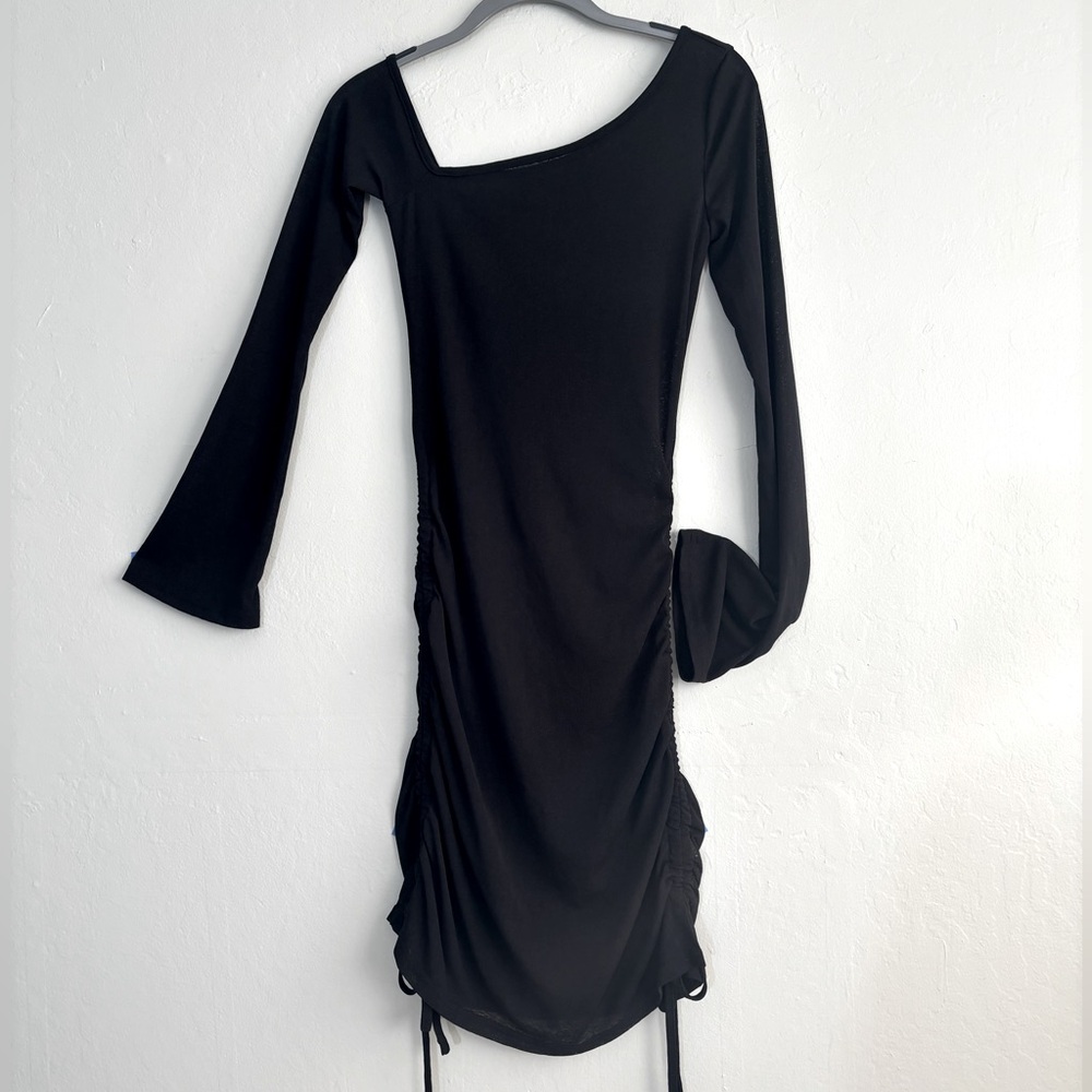 Black asymmetric side cinch sheath dress S